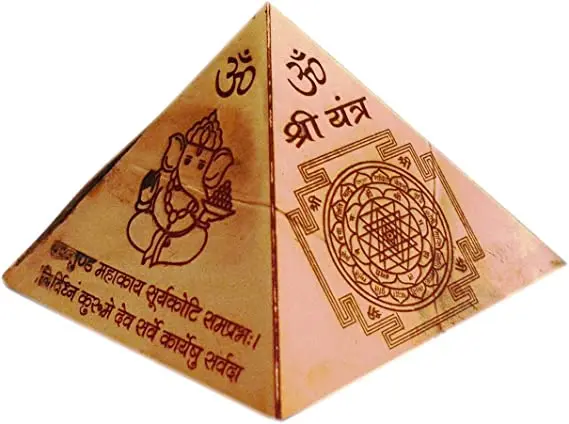 Handicraft Vastu Copper Pyramid with Syllable Mantra Shri Kuber Featuring Ganesha Statue for Vaastu Dosh Nivaraan