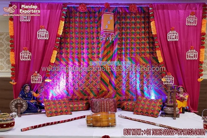 Colorful Zari Work Backdrops For Mehndi Event Punjabi Wedding Mehndi Night Function Backdrops Pakistani Wedding Stage Drapes
