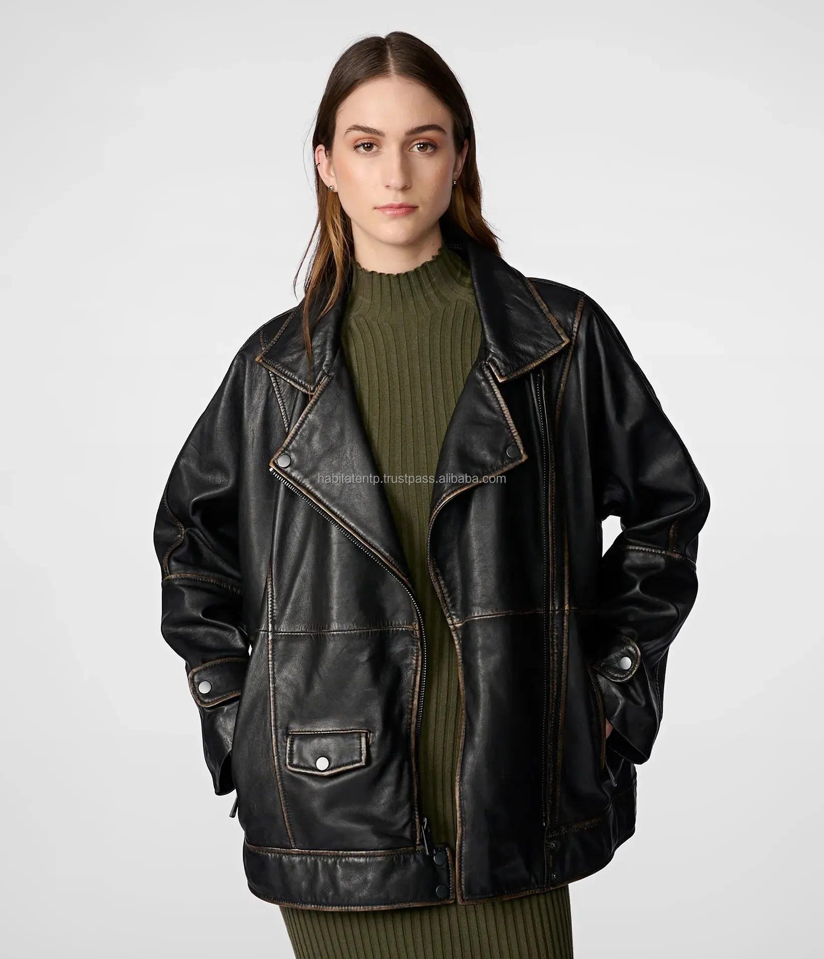 Oversized Leather Moto Jacket for Women Baggie Style Dark Chocolate Big Jackets Plus Lose Fashion