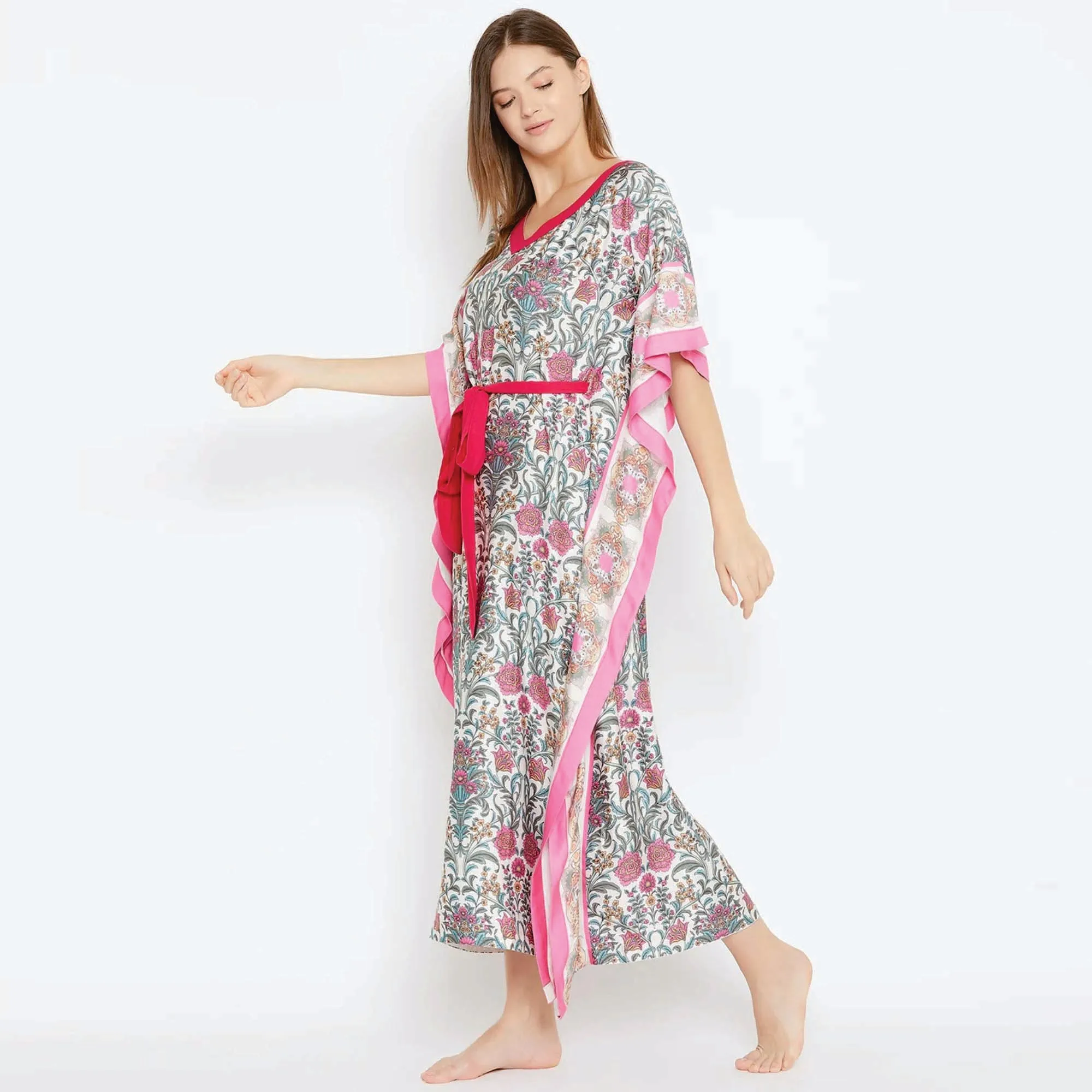 Customer Manufacture Slim Fit Polyester Crape Boat Neck Waist Tie Up Scarlet Tiger Animal Print Kaftan