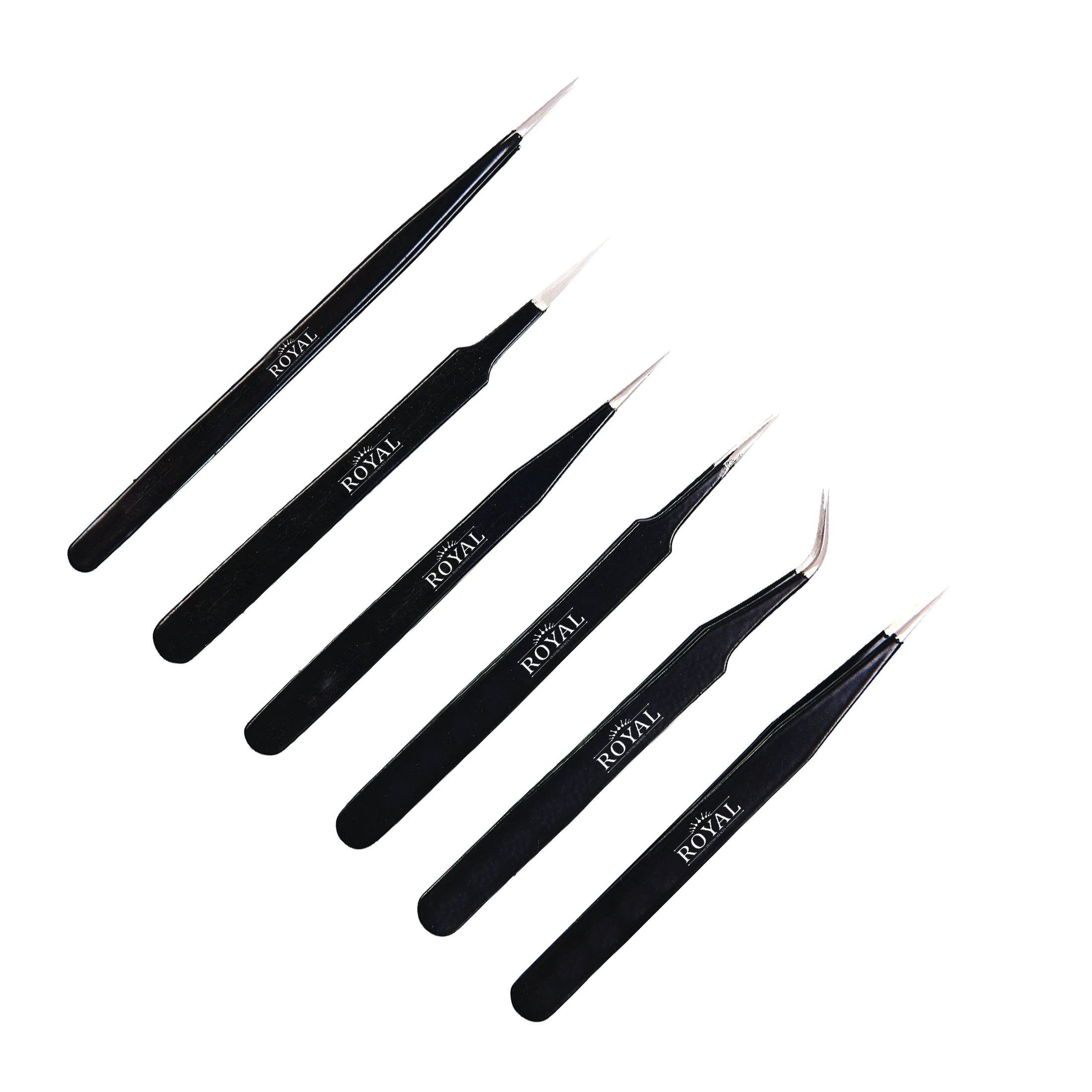 Set of 6-Pcs Premium Quality Eyelash Tweezers Stainless Steel Premium Black Color Cutom Logo & Color Lash Extension