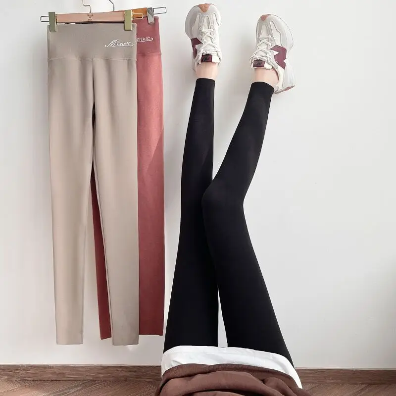 Autumn And Winter Hot Warm Thin Velvet Leggings Trousers Sexy Fitness Pure Color Side Letters Women Tight Pants