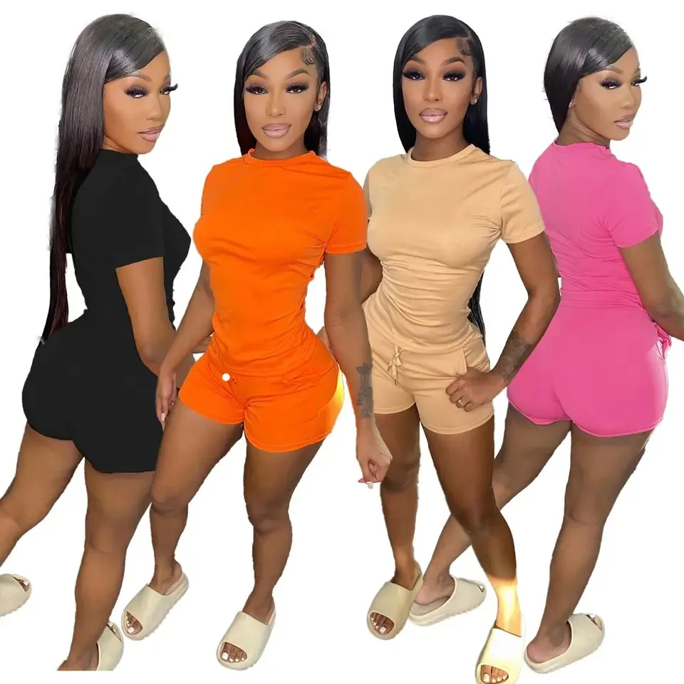 2024 Custom Logo Women Summer Short Set Short Sleeve T Shirt Biker Shorts Sets Skinny 2 Piece Short Set Women Clothing