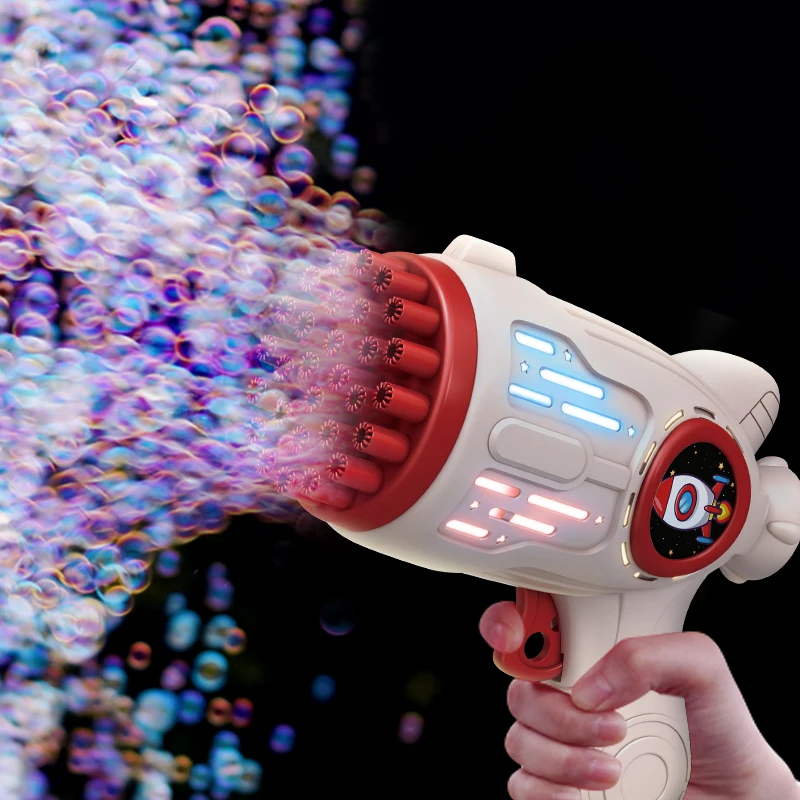Hot Selling Automatic Rocket Bazooka Bubble Gun For Kids Outdoor Super 32 Holes Bubble Launcher With Colorful Light