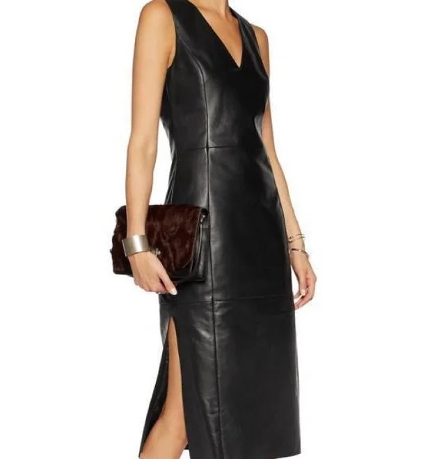 Custom Logo Ladies knee length sheep leather dress/High fashion lamb leather dress/New design brown leather dress for women