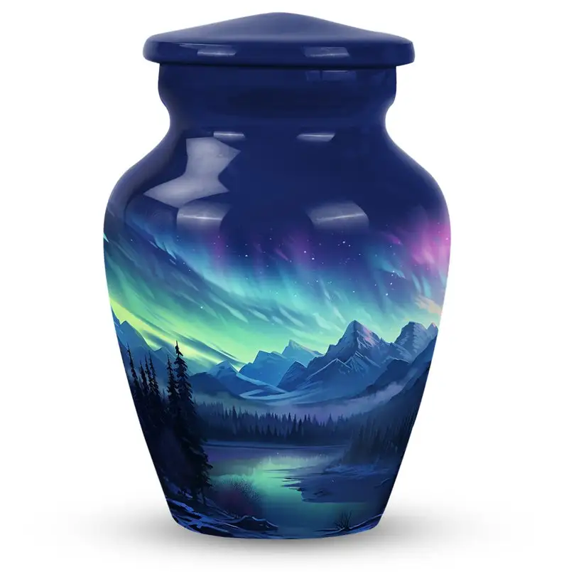 Northern lights Mountain Lake Urns For Cremation Ashes Modern Urns For Human Ashes Keepsake Decorative Aurora Night Sky