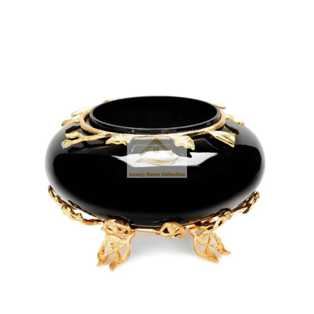 Tabletop Decorative Bowl For Food Display And Serving Black Color Powder Coated With Leaf Design Base Gold Color Fruit And Nuts
