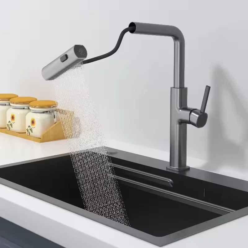New Design Hot Sale Top 1 Matte Gray Kitchen Sink Faucet Hot Cold Mixer Taps Rainfall Multi-function Faucet Pull Kitchen Taps