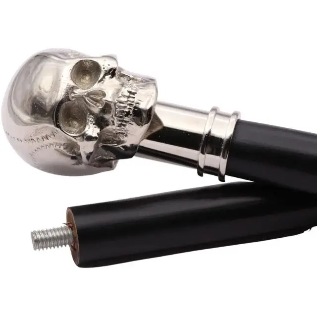 Decorative Walking Cane Silver Skull Walking Stick Handmade Carved Wood Cane