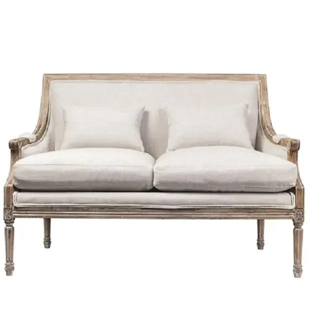 Top Selling Industrial Vintage Design Style Soft Fabric Two Seater Sofa with Carved Wooden Legs for Home Hotel Living Room