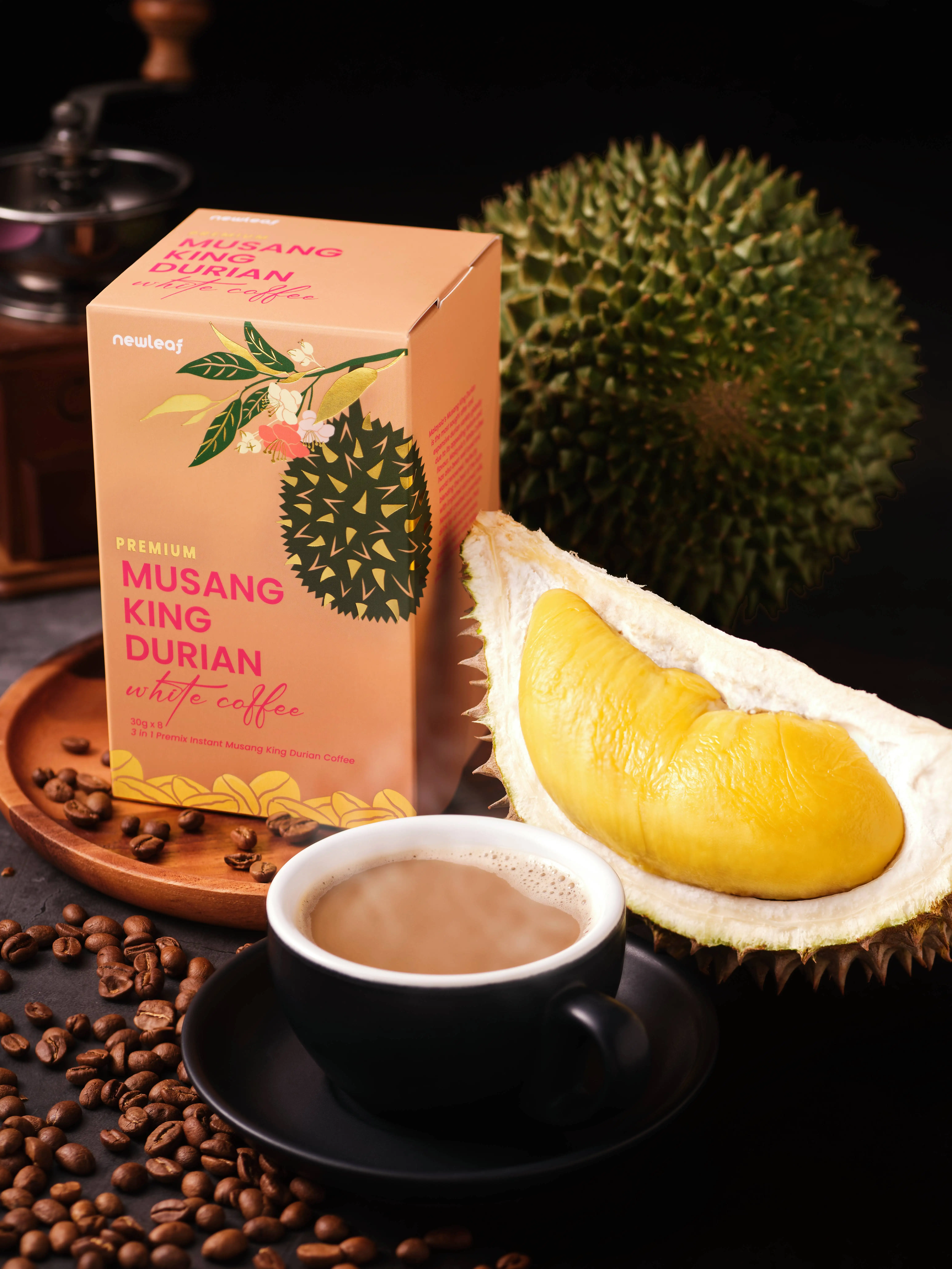 Malaysia Best Selling Newleaf Premium Roasted Arabica Robusta Ready Mix 3in1 D197 Musang King Durian White Coffee