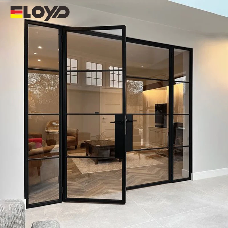 Eloyd latest modern hinged door design finished tempered double glass front entry awning french doors