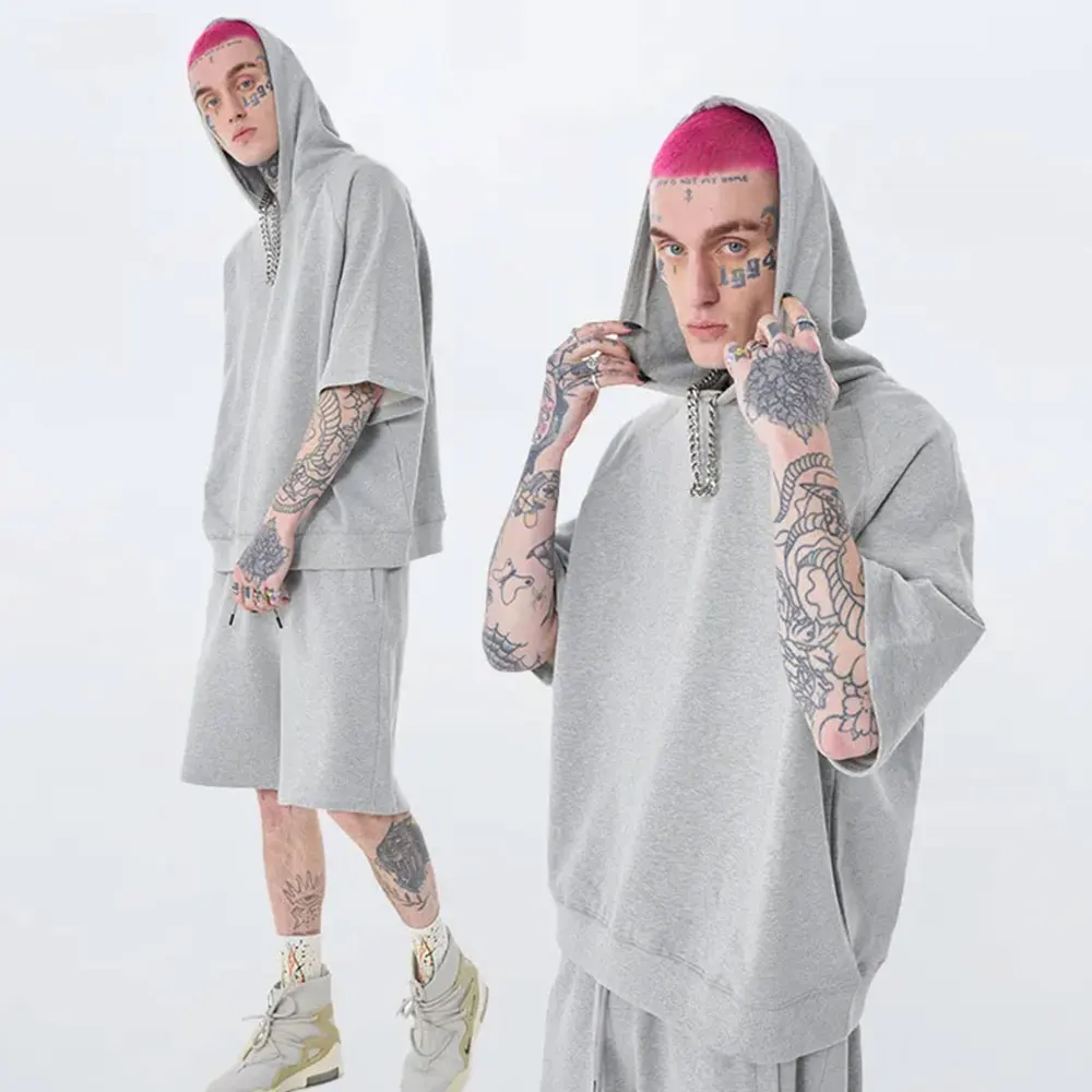 2023 Spring and summer heavy wool hoop 350gsm hoodie shorts casual boy couple suit Sweatshirt And Short Set Men gym Clothes