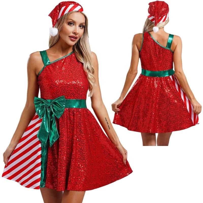 Women Christmas Costume Santa Claus Costume Sleeveless Dress With Santa Hat Set Xmas Party Costumes Christmas Dresses