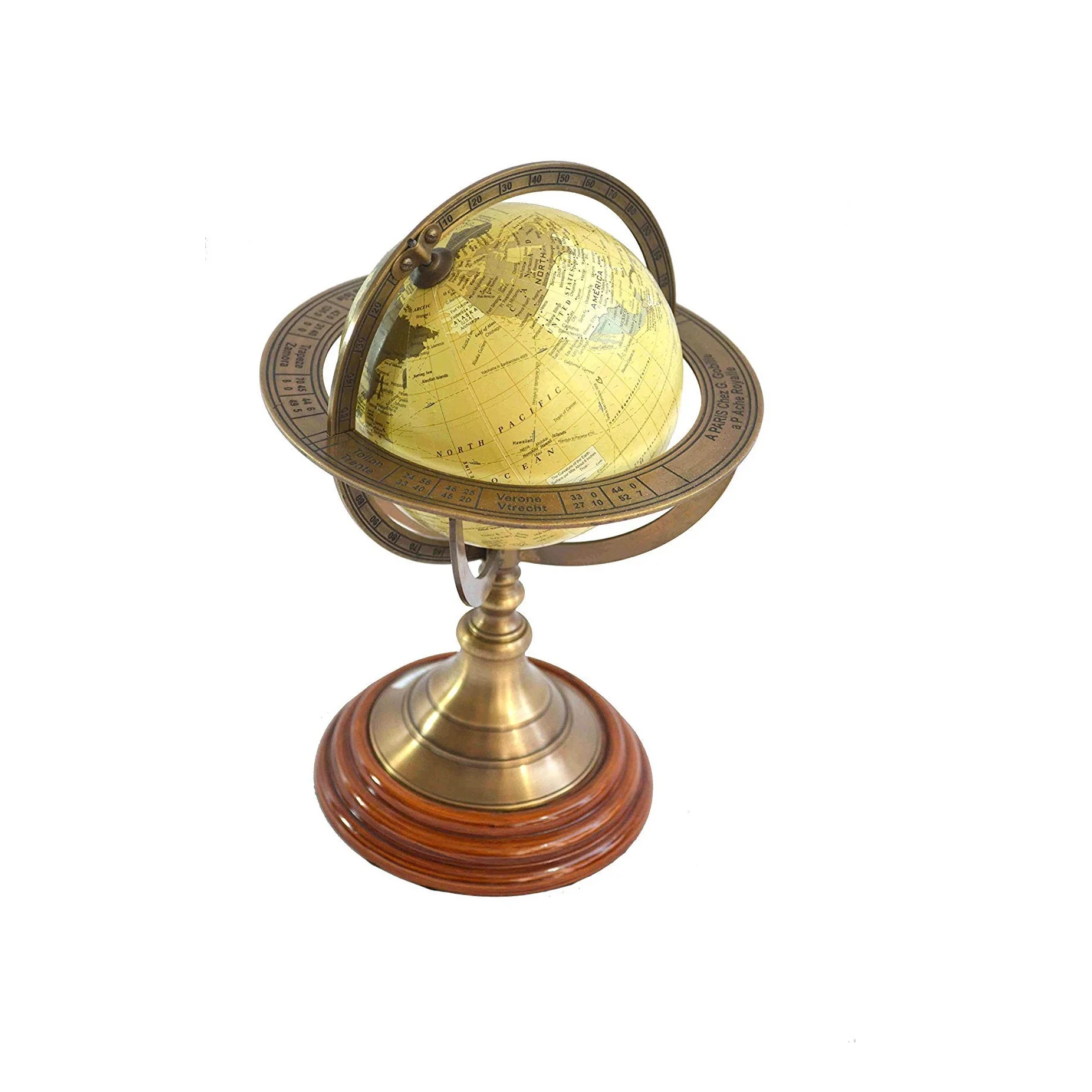 Brass and Wooden Base Vintage Rotating Armillary Globe