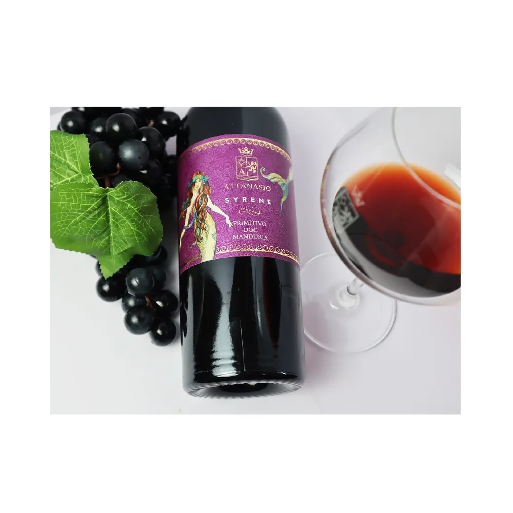 Packaging grape Primitivo type dry use table 750ml wine bottles Attansio Syrene Primitivo DOC Manduria from Italy