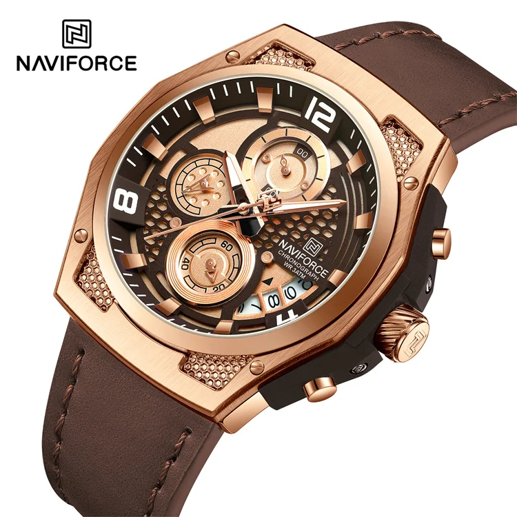 NAVIFORCE 8051L RGCEBN Men Quartz watch Genuine Leather strap Chronograph Calendar wristwatch Sport waterproof watches