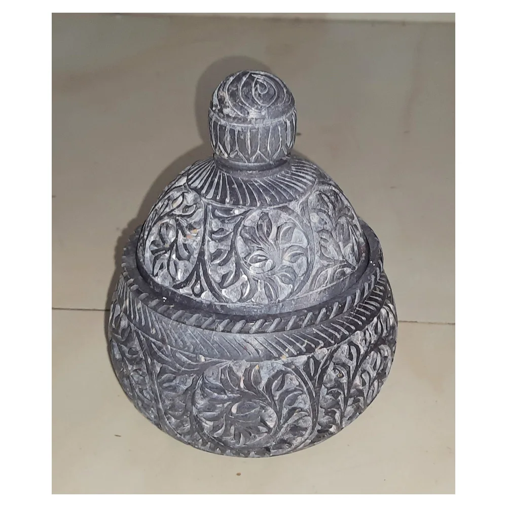 Handmade Beautiful Pure Black Soapstone Engraving Craft Work Decorative Handi In Very Low Price Range
