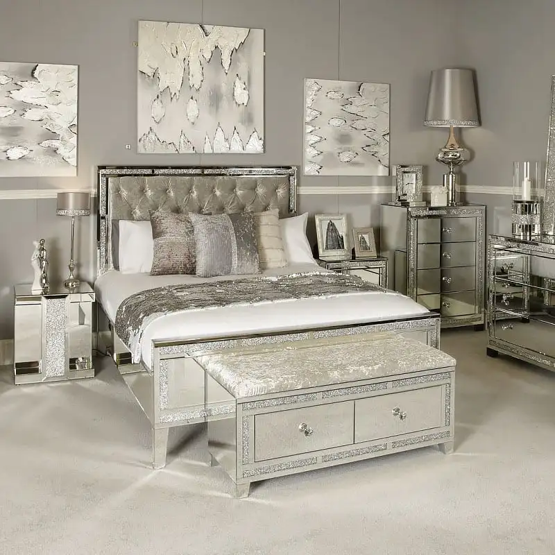 Diamond Glitz Bedroom 2 Drawer Chest Mirrored Velvet Bed End Ottoman Stool Bench with Storage for Bedroom