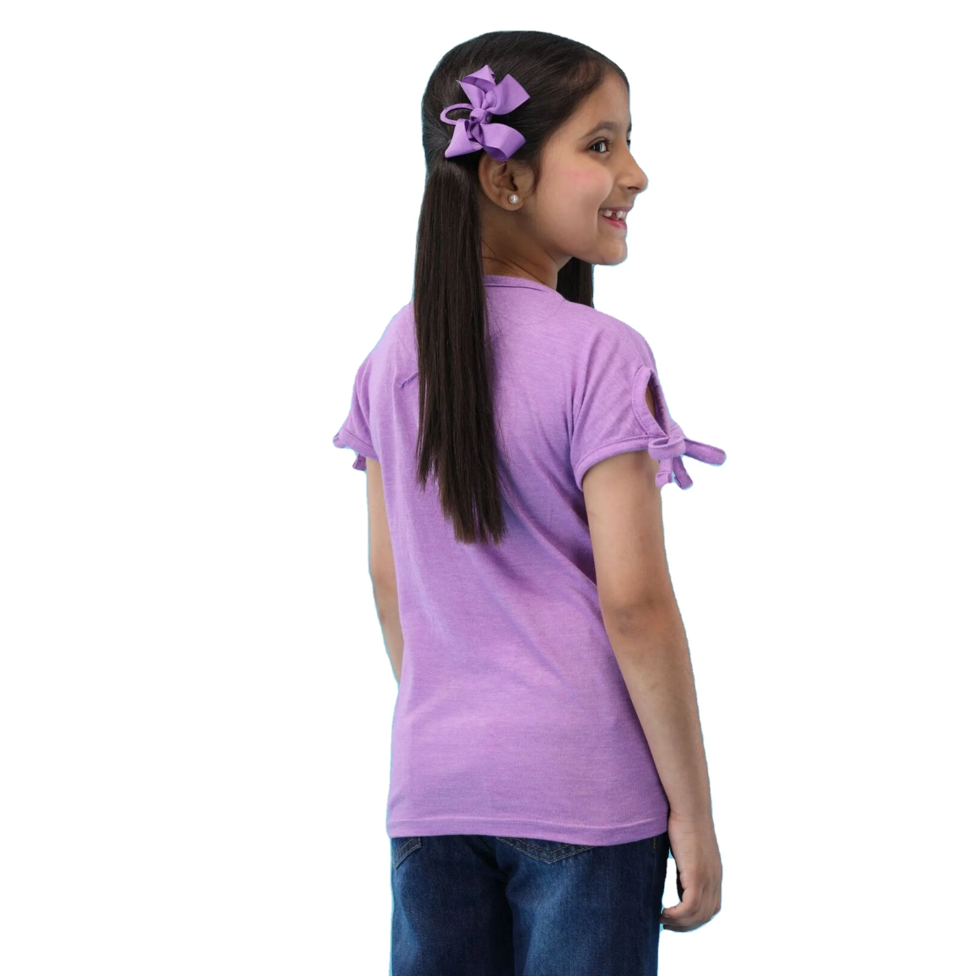 Custom Graphic 100% Knitted Pure Combed Cotton Fabric Regular Length Cap Sleeves Light Purple T-Shirt for Girls