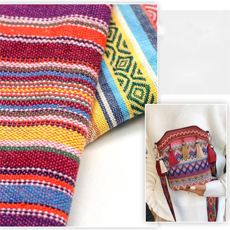 Organic National Wind Geometric Stripe Jacquard Yarn-Dyed Cotton Canvas Fabric Lightweight for Pillow Luggage