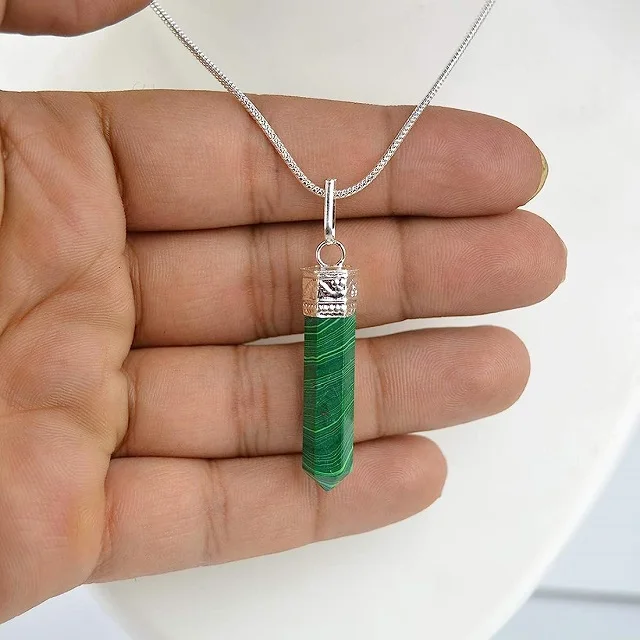 Excellent Malachite Crystal Pendant Necklace Hexagon Trendy Antique Sier Quartz Gemstone Wholesale for Gift Buy Online