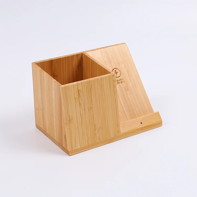 Fast Bamboo Desktop Wireless Charger Stand Station with Pen Holder and Clock