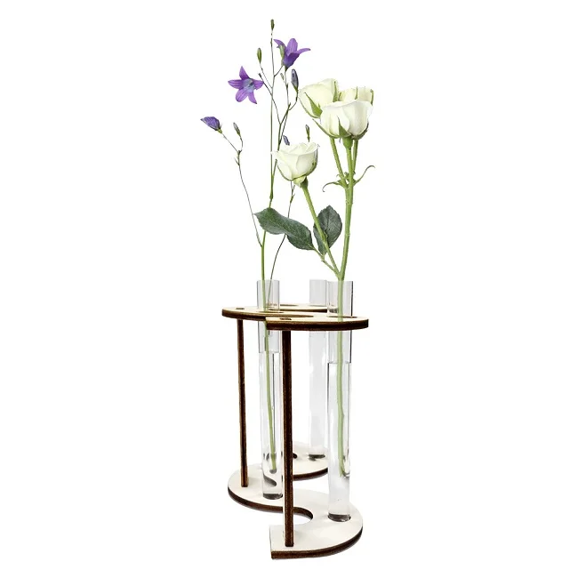 Beautifully Designed Stylish and Classy Decor Glass Tube Flowers Vase with Wooden Holder Base for Decorating House & Work Place
