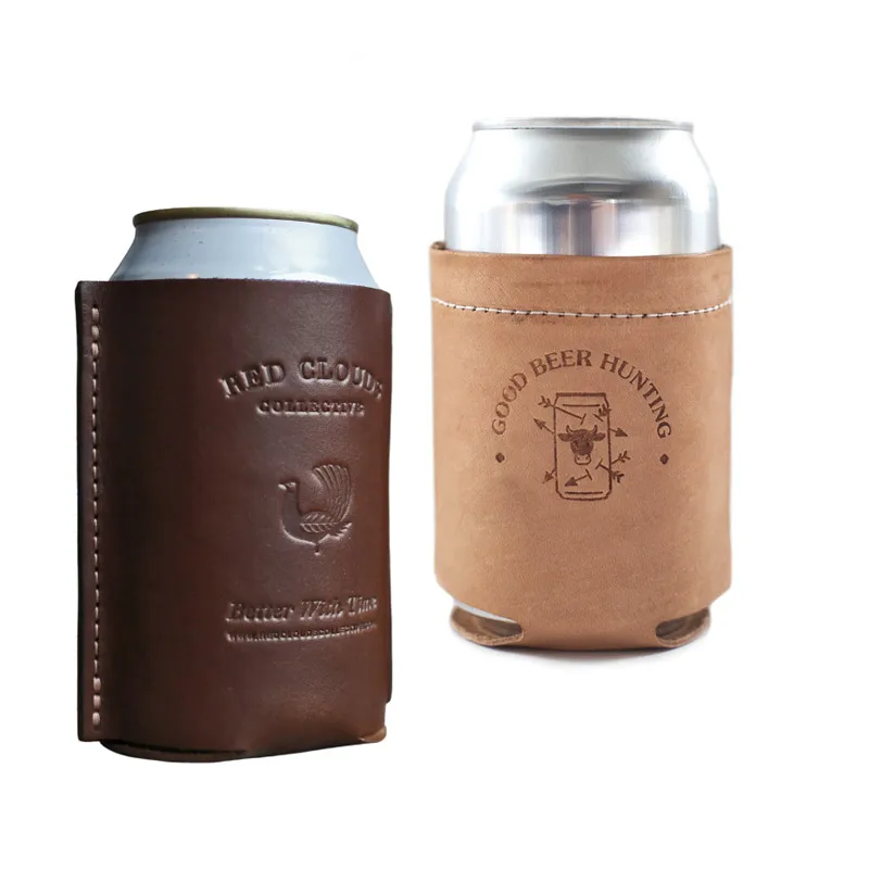 reusable beer holder sleeve custom logo pu leather can cooler