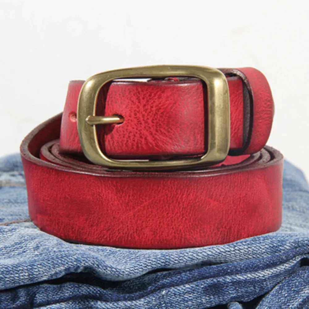Men Retro Cowhide Leather Brass Pin Buckle Metal Belt Top Quality Solid Pure Cow Skin Belts Men 3.3cm Width