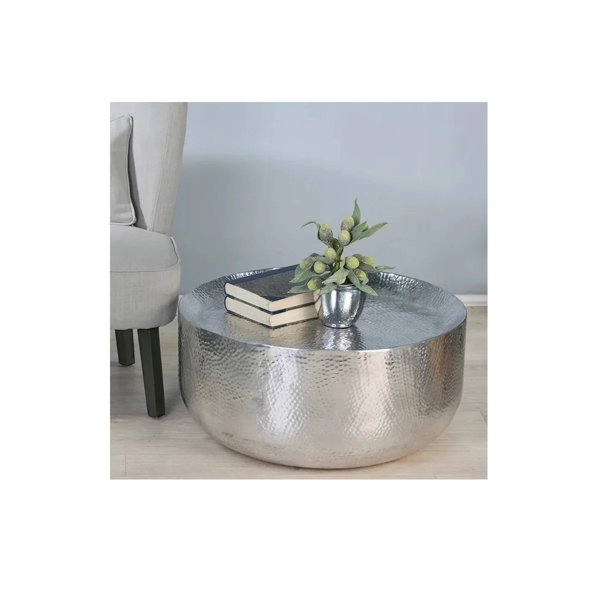 silver round coffee table Hammered finish Metal Side End Table aluminium nickle Finish Modern Round Drum Stool Accent Furniture