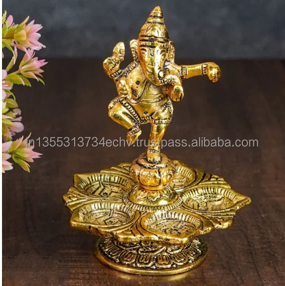 German Silver Golden Dancing Lord Ganesha With Diya Return Gift Diwali Diya Gold Oxidized Oil Lamp