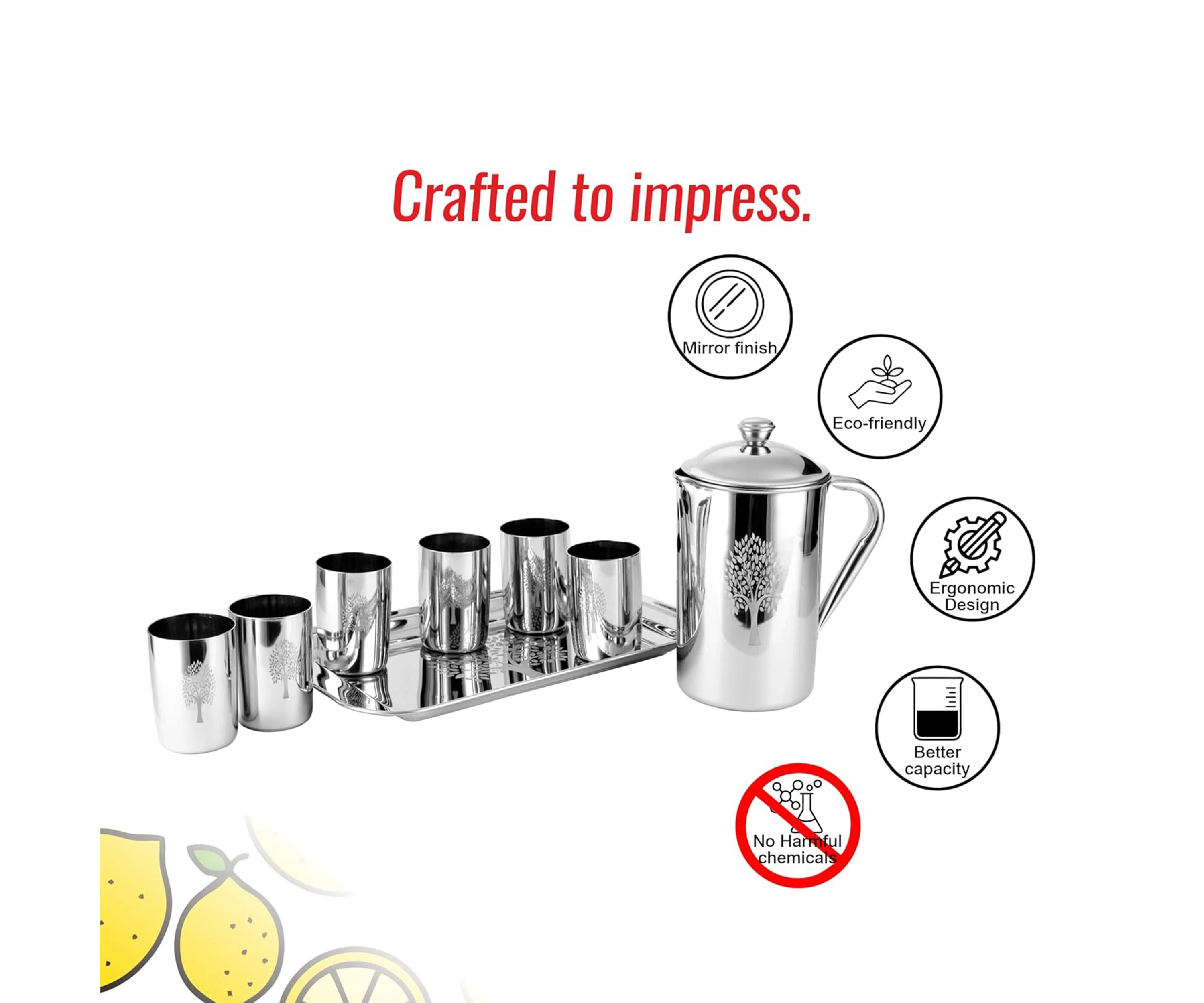 Premium Stainless Steel Set 1 JUG 6 Glasses 300 ML & Serving Tray For Kitchen Tableware Set To Serve Water & Juice Silver Colour