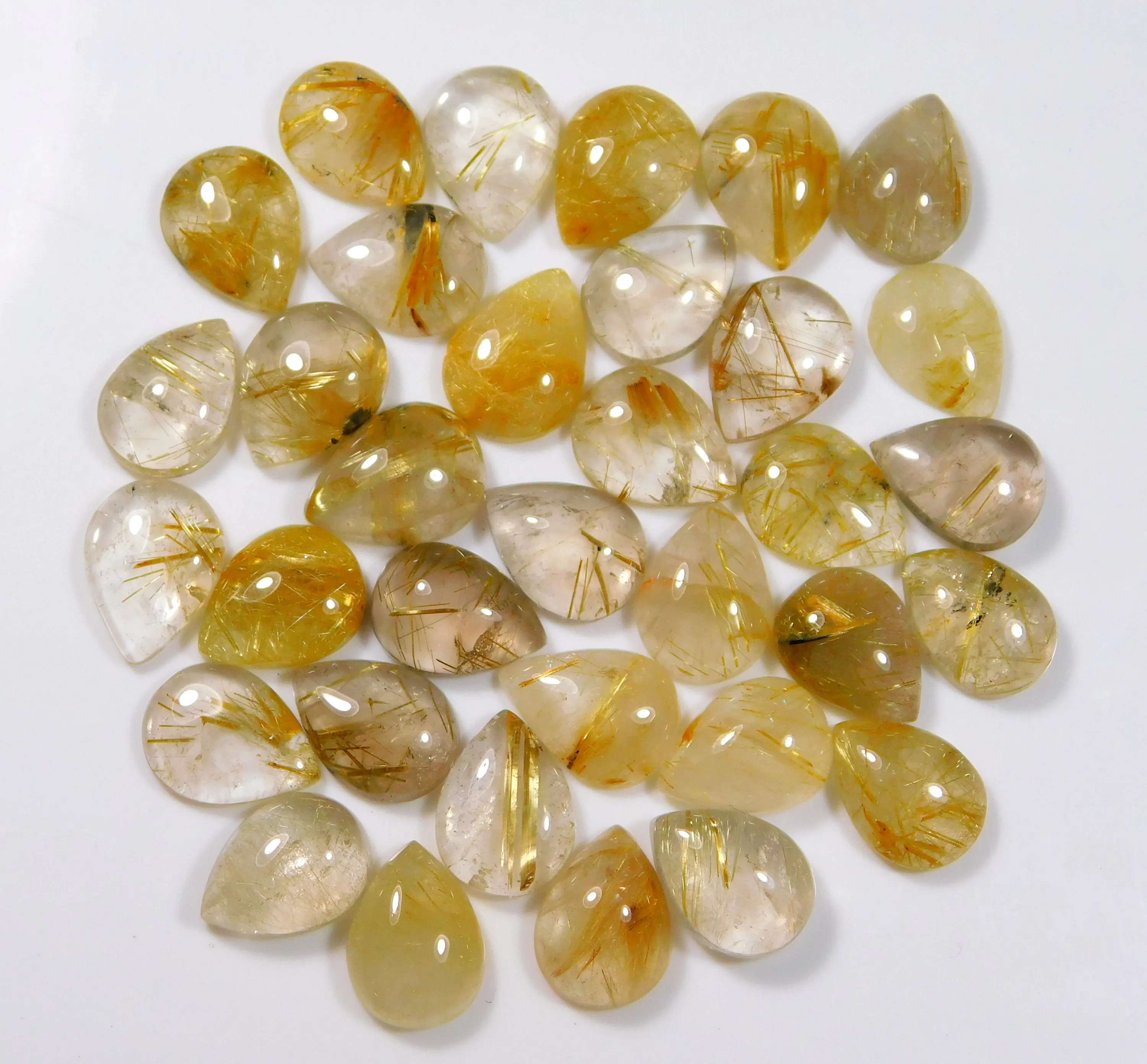 Exclusive Natural Golden Rutile Pear Shape Cabochon Golden Rutilated Quartz Gemstone Smooth Polished Rutile Back Side Flat