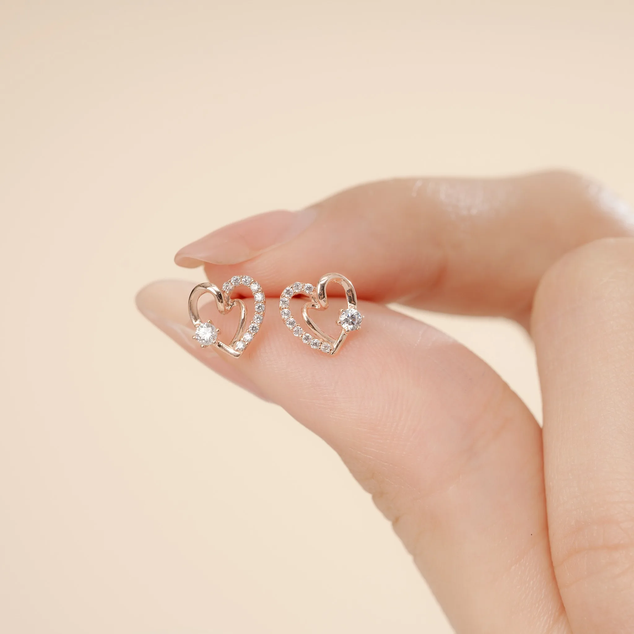 New Trendy Romantic 14K Real Gold Double Heart Stud Earrings with CZ Stone Fine Jewelry Earrings Gold Wholesale BTPTB324