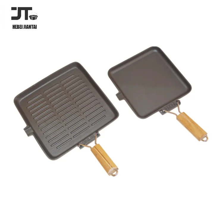 Multipurpose Steak Frying Pan, 28cm Cast Iron Non-Stick Grill, Deep Square Griddle Pan with Folding Wood Handle Cooking Pans
