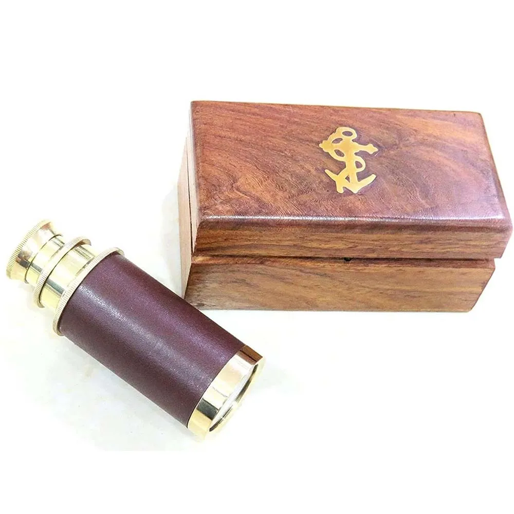 Nautical Navy Brass Double Barrel Telescope Antique Leather With Wooden Tripod Stand Home Decor