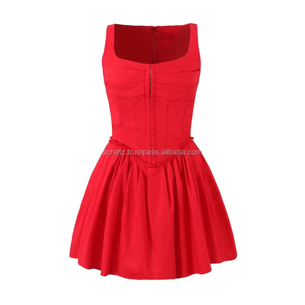 2024 новый продукт летнее женское темпераментное модное однотонное красное плиссированное платье с квадратным вырезом пикантные костюмы