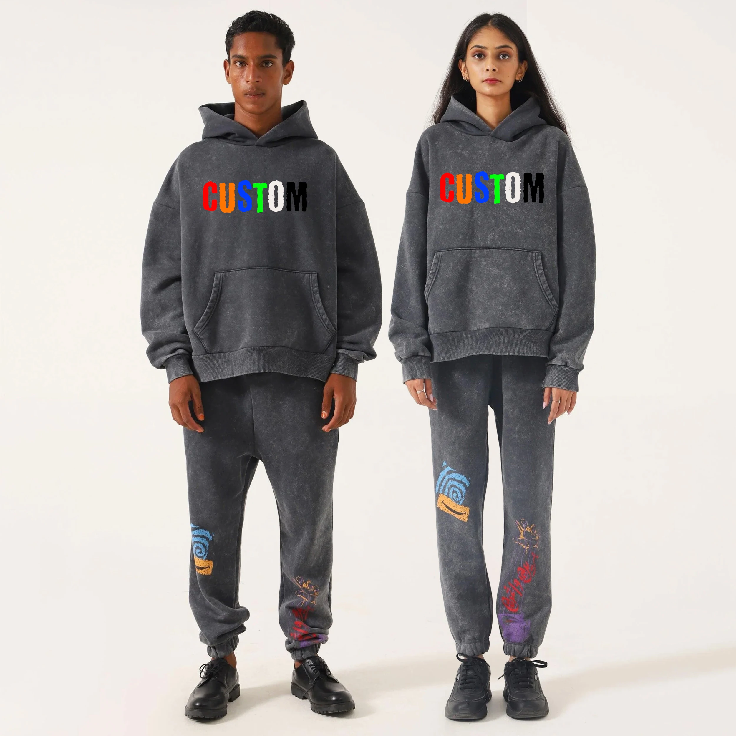 Screen printed Hoodie & sweatpants in grey acid wash with elasticated waist and hem  oversize 2 piece tracksuit