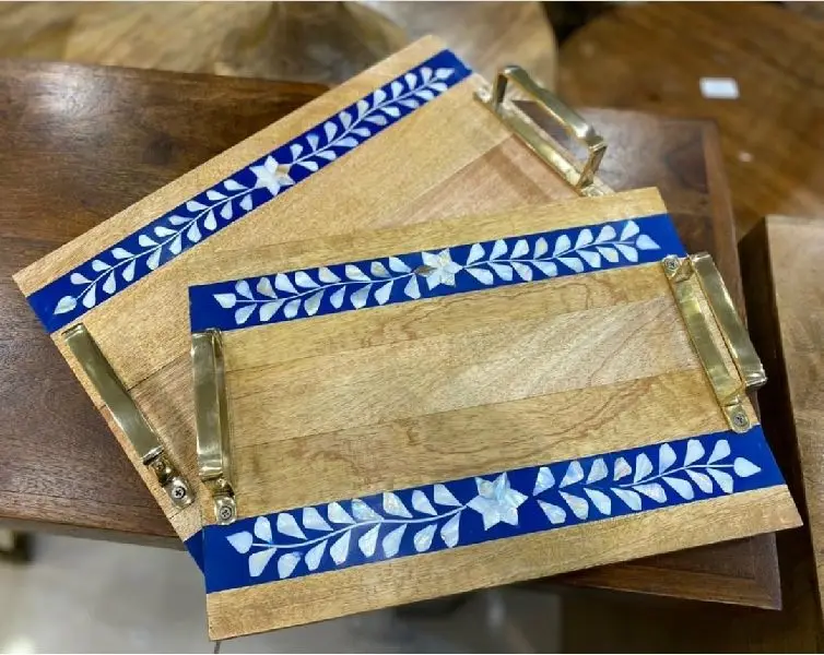 Mother of Pearl square Rattan Rustic Decorative Serving Tray for Breakfast, Drinks, Coffee Table and Home Decor Low Price