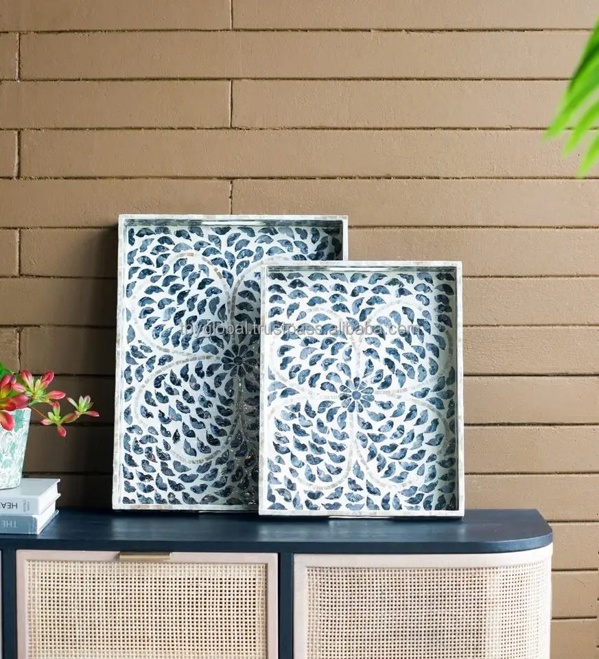 Handcrafted Antique Mother of Pearl Rectangle Shape Serving Tray Floral Blue Decorative Trays Customized Handmade From Vietnam