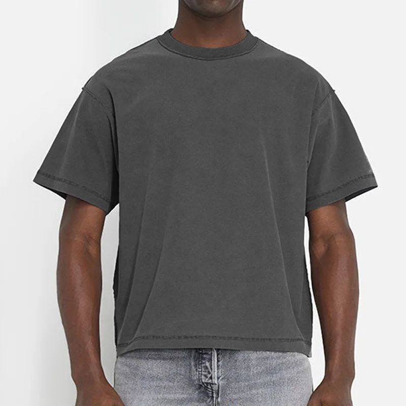 Custom 260 GSM Heavyweight Cropped Tee Cotton Vintage Drop Shoulder Boxy Fit Oversized Washed Cropped T Shirt For Men