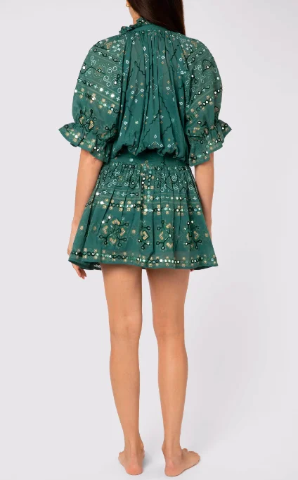 Perfect Party Women Bottle Green Mosaic Print Mirror Detail Embroidered Blouson Romantic Ladies Dress For Social Butterflies