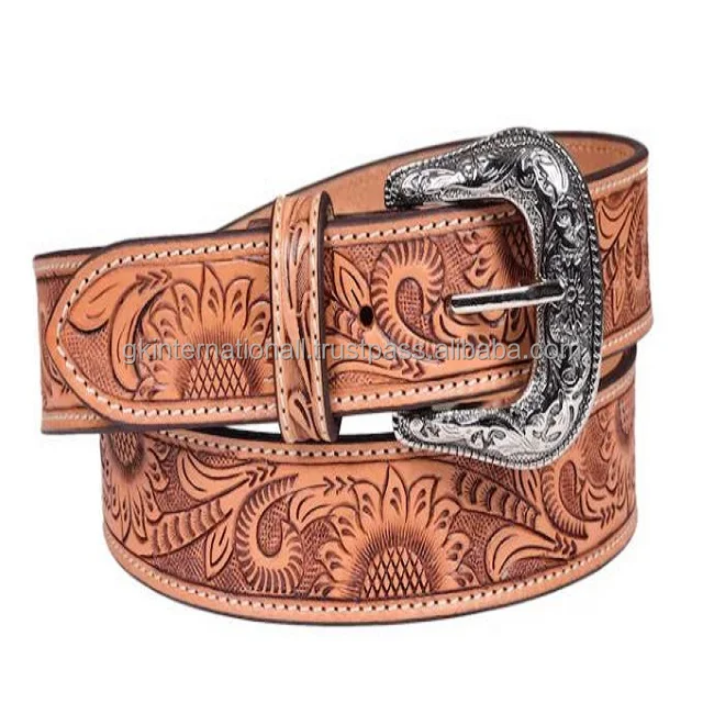 Personalized genuine leather western hand tooled & hand painted sunflower design floral carving cowboy belt removable buckle