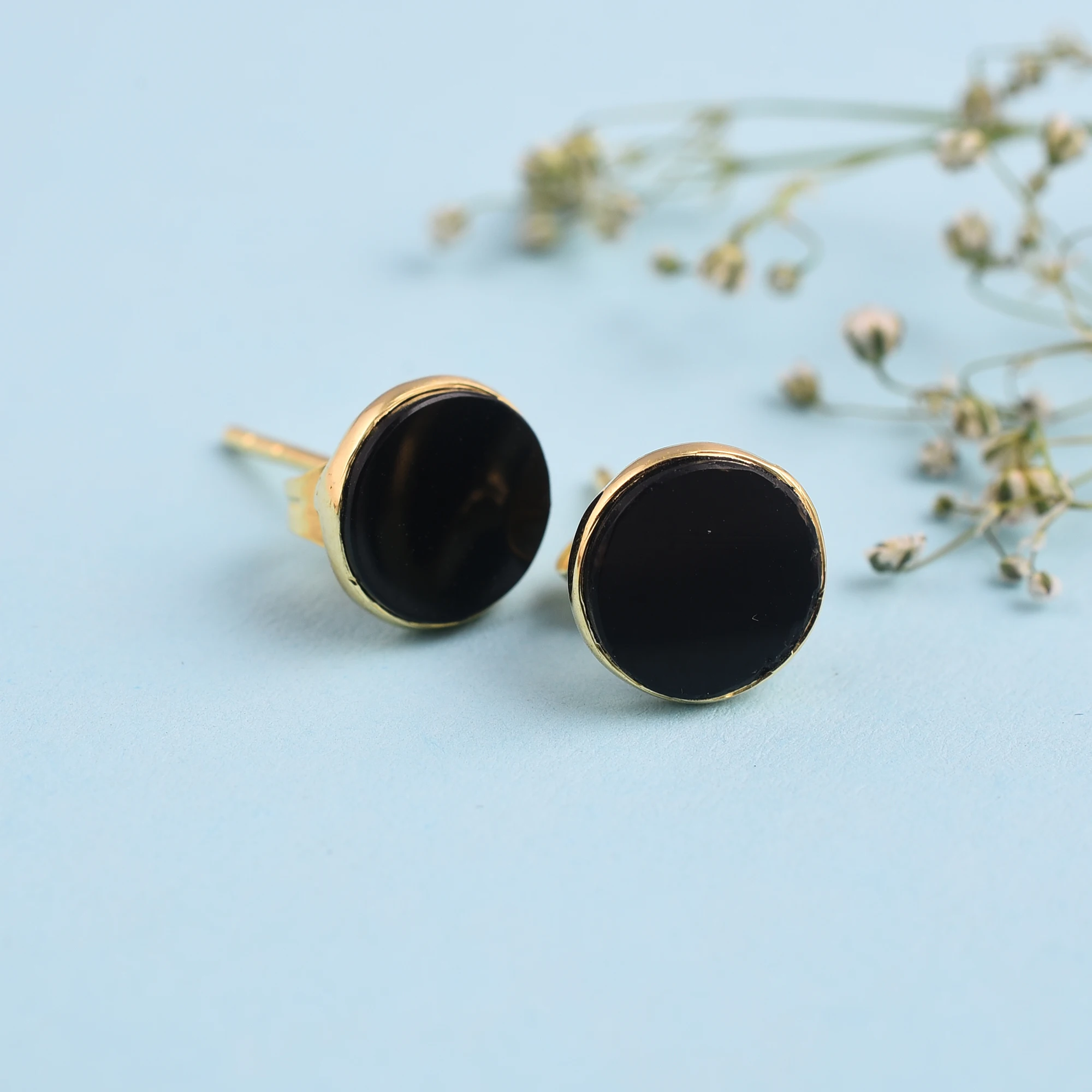 Natural Round Shape Black Onyx Stud Gemstone 925 Sterling Silver Stud Earrings Round Gemstone Stud Jewelry.