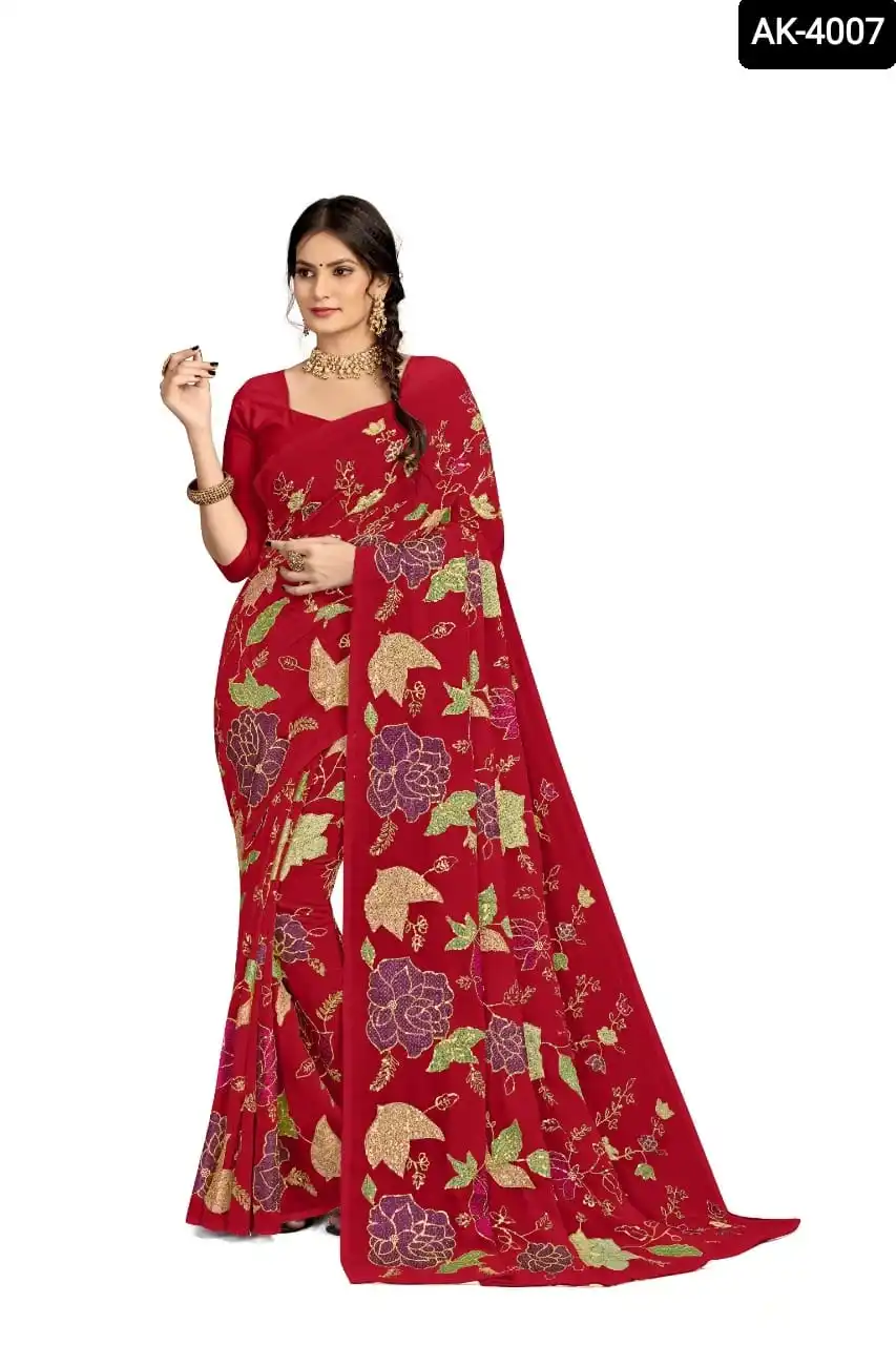 Indian Ethnic Georgette with Thread and Sequence Work Sari and Banglory Silk Plain Blouse Material for Party Wear Function Saree