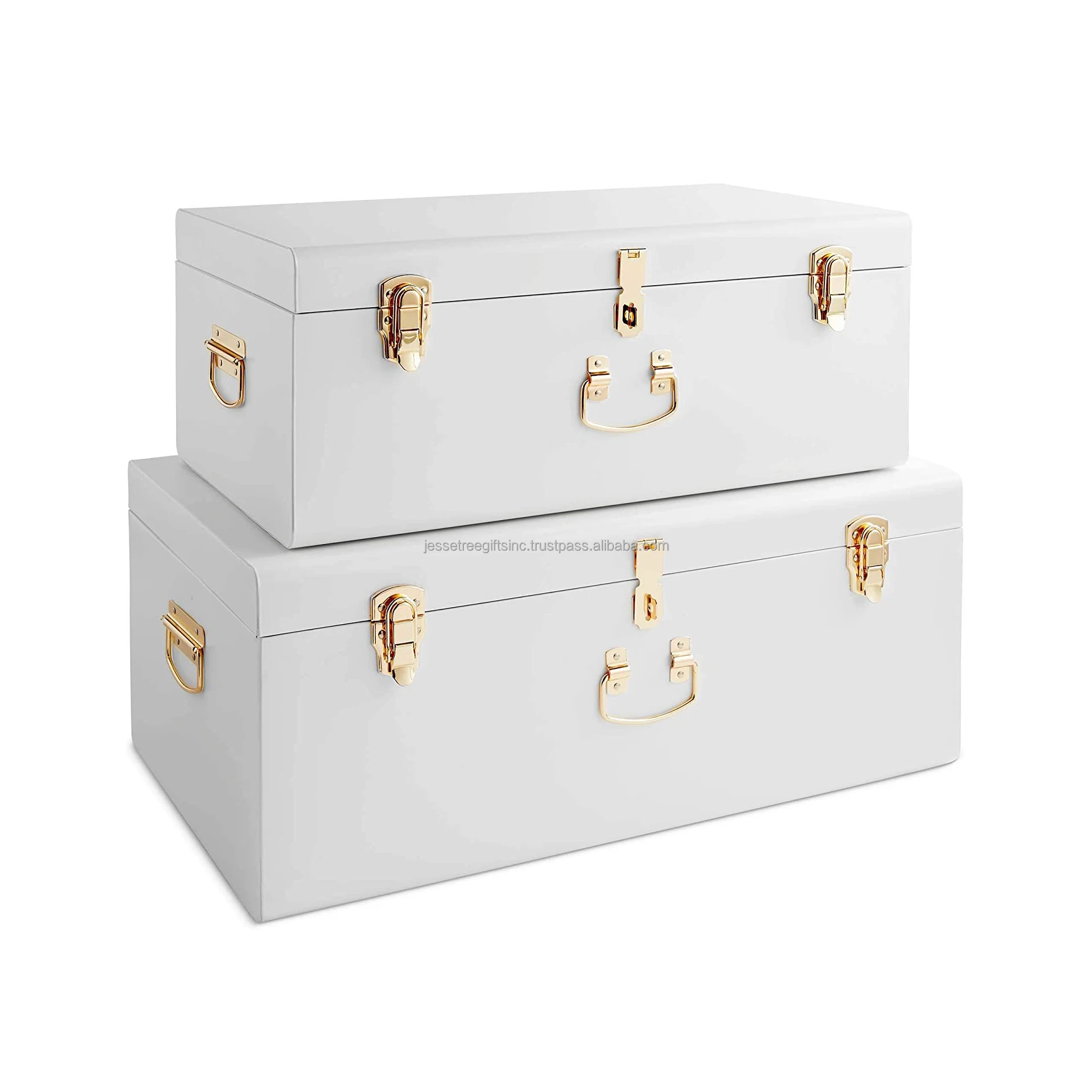 Metal Sheet Home Storage Trunk With Light Green & Gray Powder Coating Finishing With Silver Lock & Handle For Organizer Set Of 2