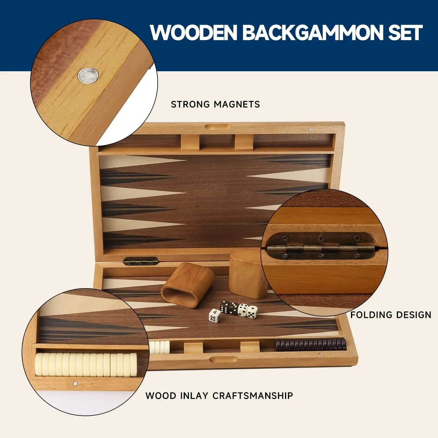 Premium Wooden Folding Backgammon Set 17 Inch Focus Inlay Design Classic Traditional Strategy Board Game for Enthusiasts