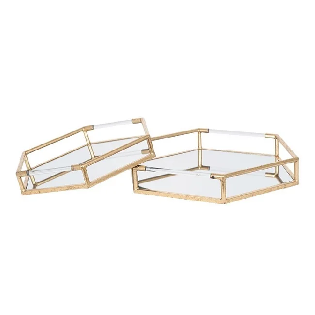 Gold clear glass mirror make up vanity tray metal frame decoration jewelry cosmetic organizer tray square shape coffee & tea Tra