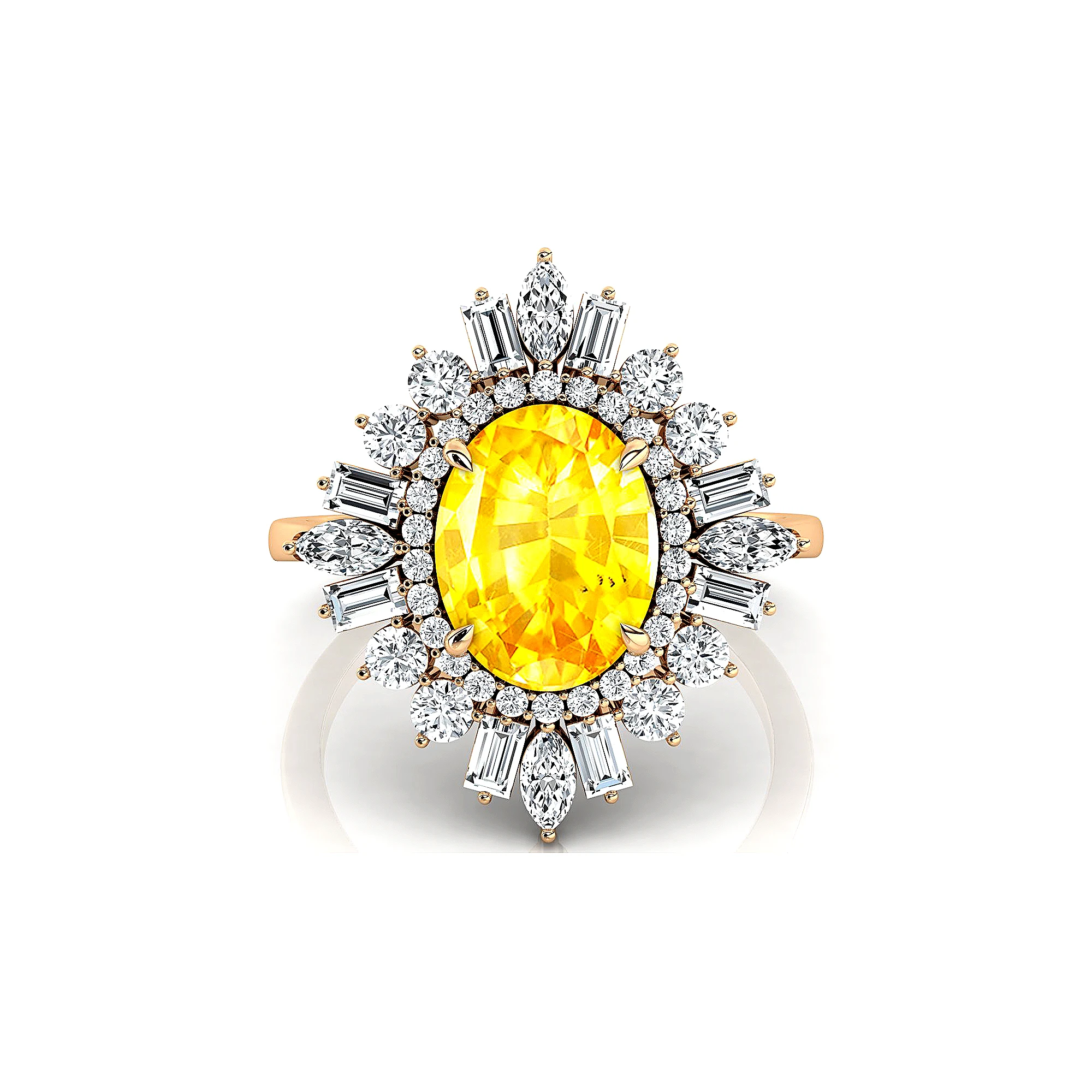 Trendy Stylish Oval Cut Natural Yellow Sapphire Gemstone Cluster Rings in 18K Solid Gold Studded with Real White Diamonds Bulk